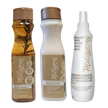 KIT ANTI FRIZZ MILAGRO HERBAL (SHAMPOO + ACONDICIONADOR + TERMOPROTECTOR)